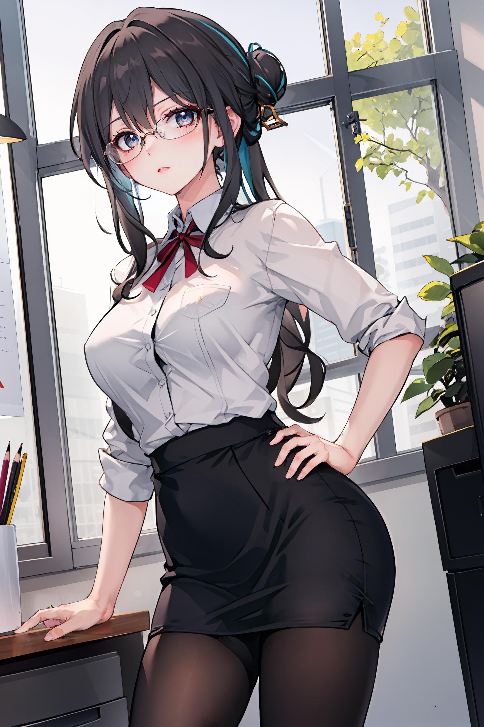 1girl, ruan mei \(honkai: star rail\), hair ornament, solo, office lady, white collared shirt, pencil skirt, pantyhose, glasses, glaring, looking at viewer, hand on hip, office, indoors, depth of field, masterpiece