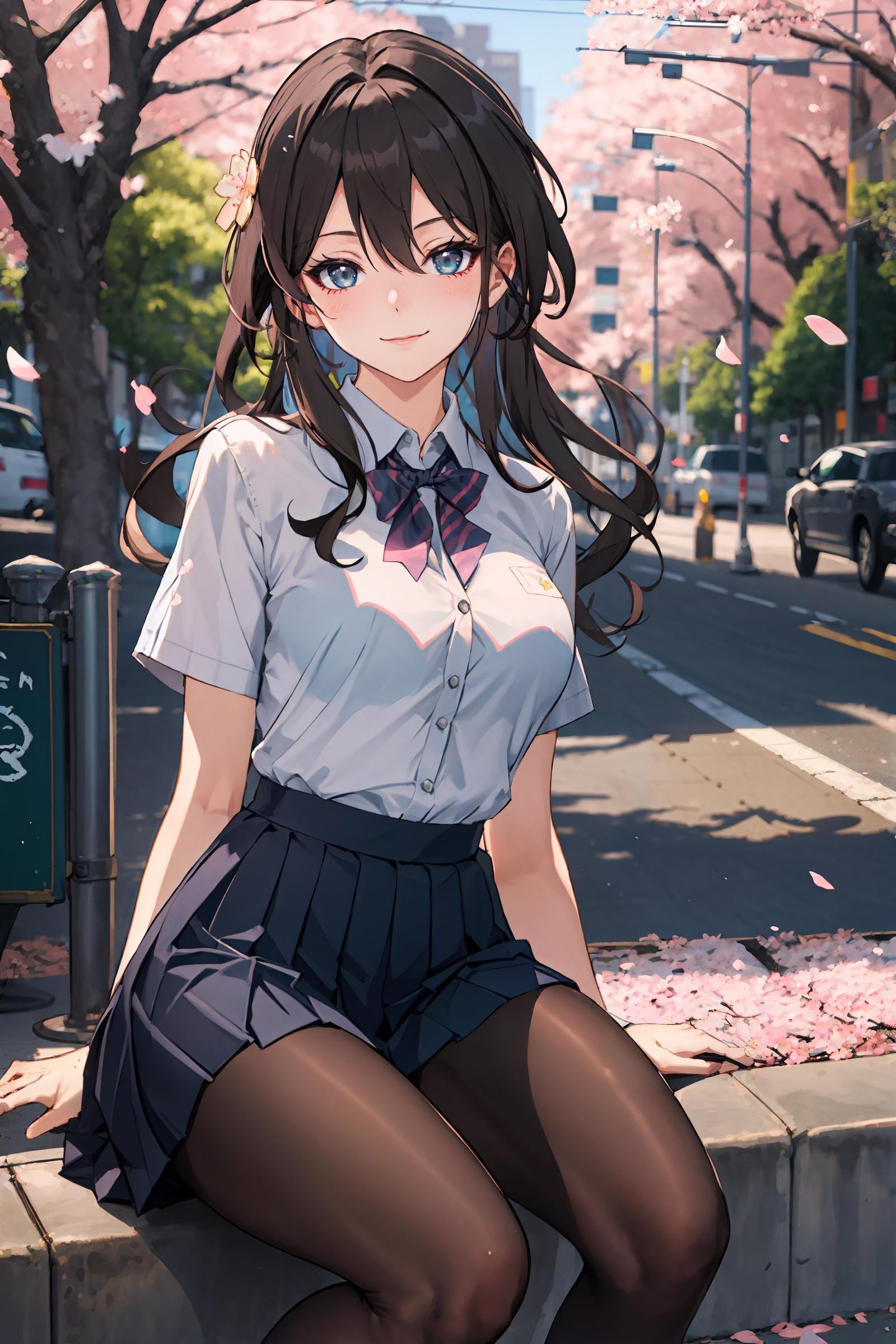 1girl, ruan mei \(honkai: star rail\), hair ornament, solo, school uniform, white shirt, sweater, pleated skirt, pantyhose, light smile, looking at viewer, outdoors, street, cherry blossoms, petals, depth of field, masterpiece