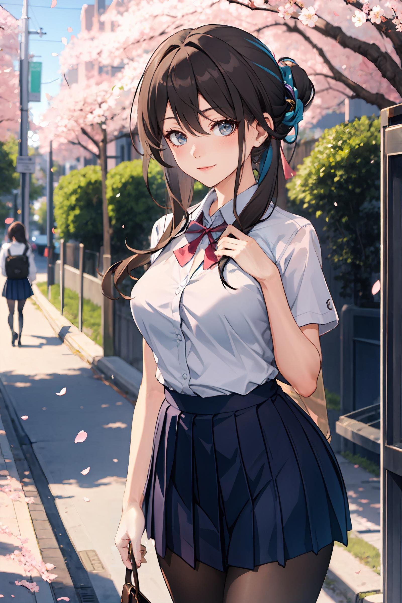 1girl, ruan mei \(honkai: star rail\), hair ornament, solo, school uniform, white shirt, sweater, pleated skirt, pantyhose, light smile, looking at viewer, outdoors, street, cherry blossoms, petals, depth of field, masterpiece