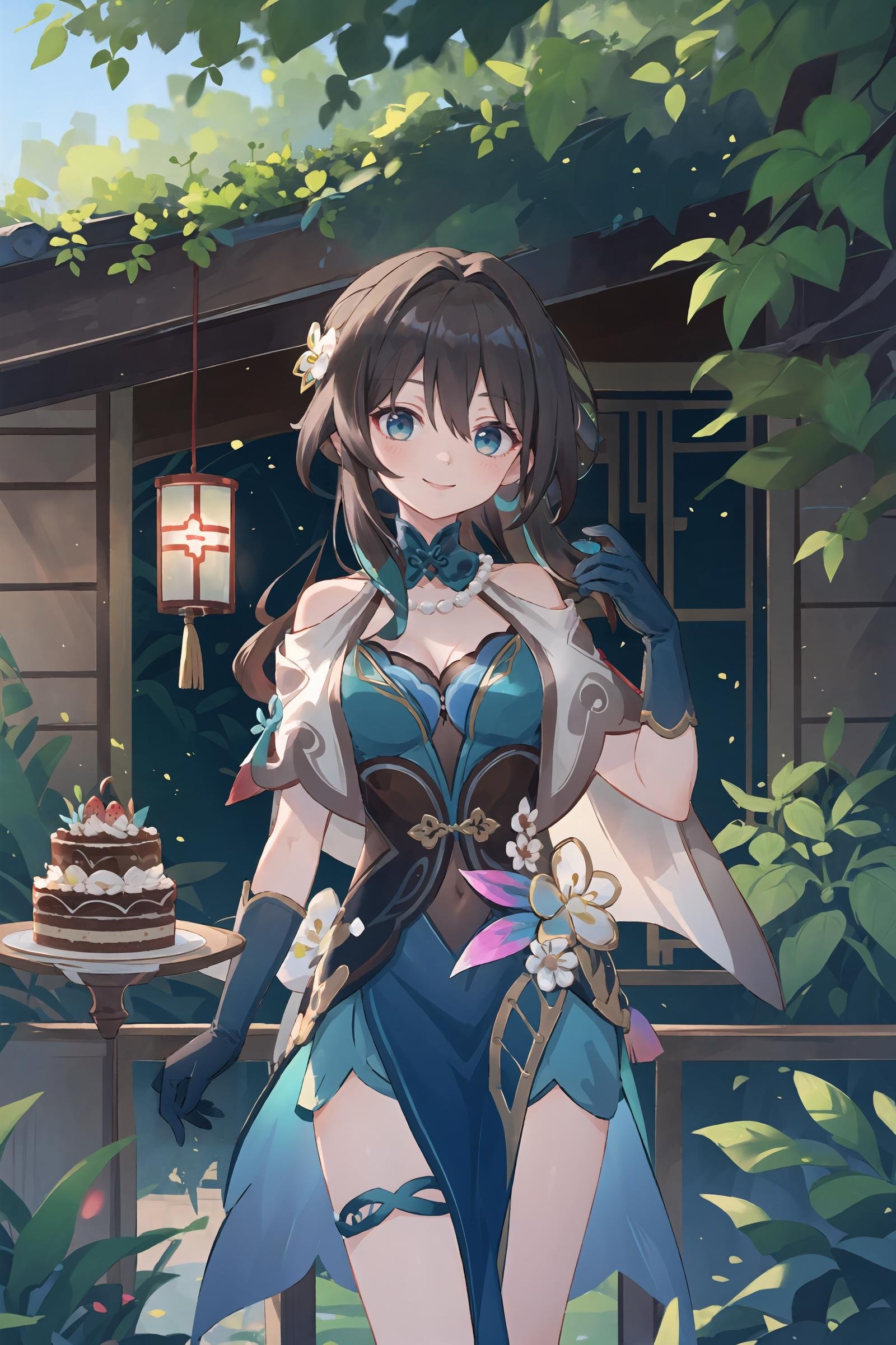 1girl, ruan mei \(honkai: star rail\), solo, china dress, green gloves, hair ornament, detached collar, necklace, capelet, thigh strap, cowboy shot, standing, looking at viewer, smiling, garden, east asian architecture, outdoors, depth of field, table, cake, masterpiece