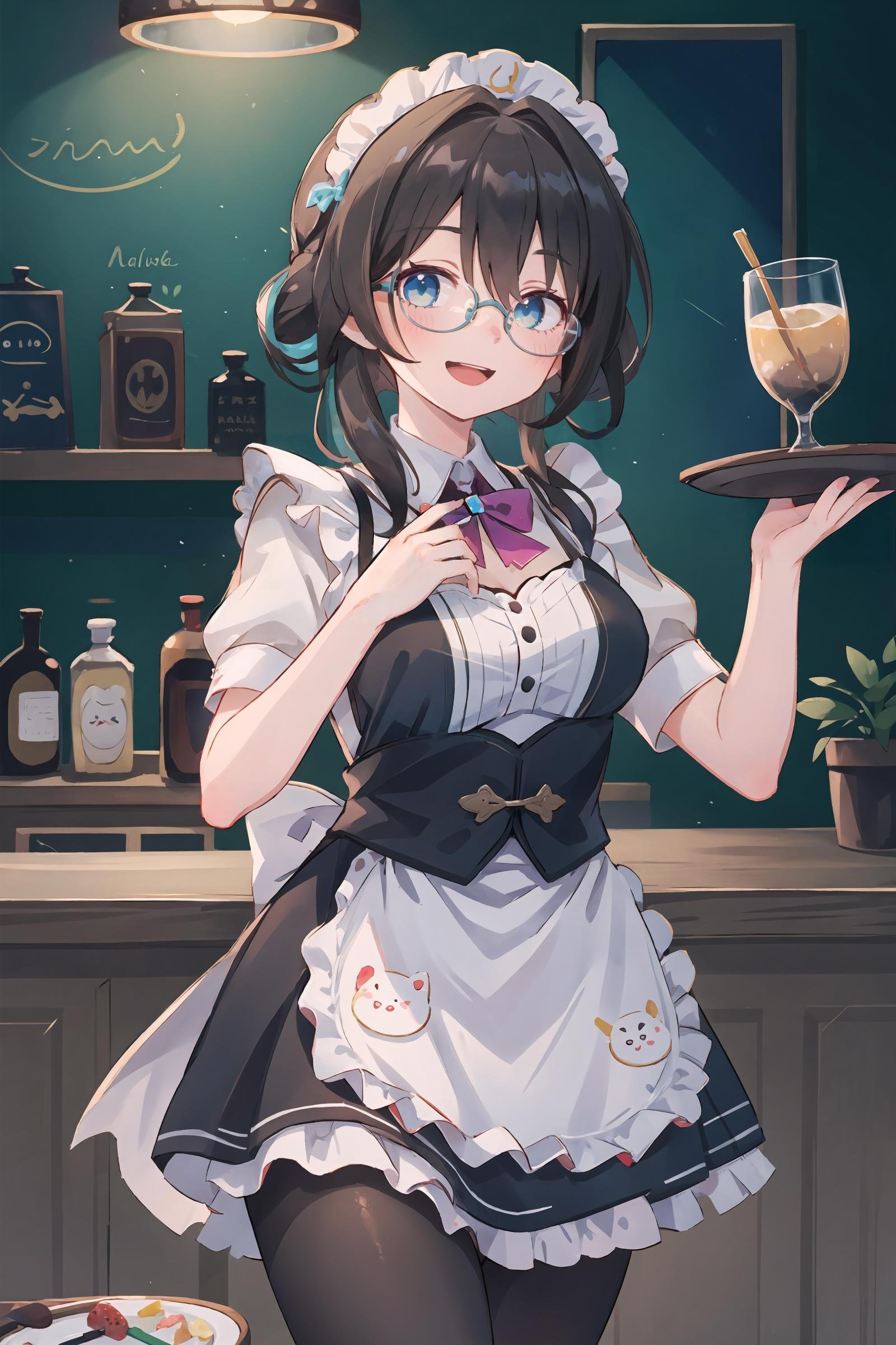 1girl, ruan mei \(honkai: star rail\), glasses, solo, maid, maid headdress, maid apron, pantyhose, open mouth, laughing, holding plate, looking at viewer, cowboy shot, bar \(place\), indoors, depth of field, masterpiece