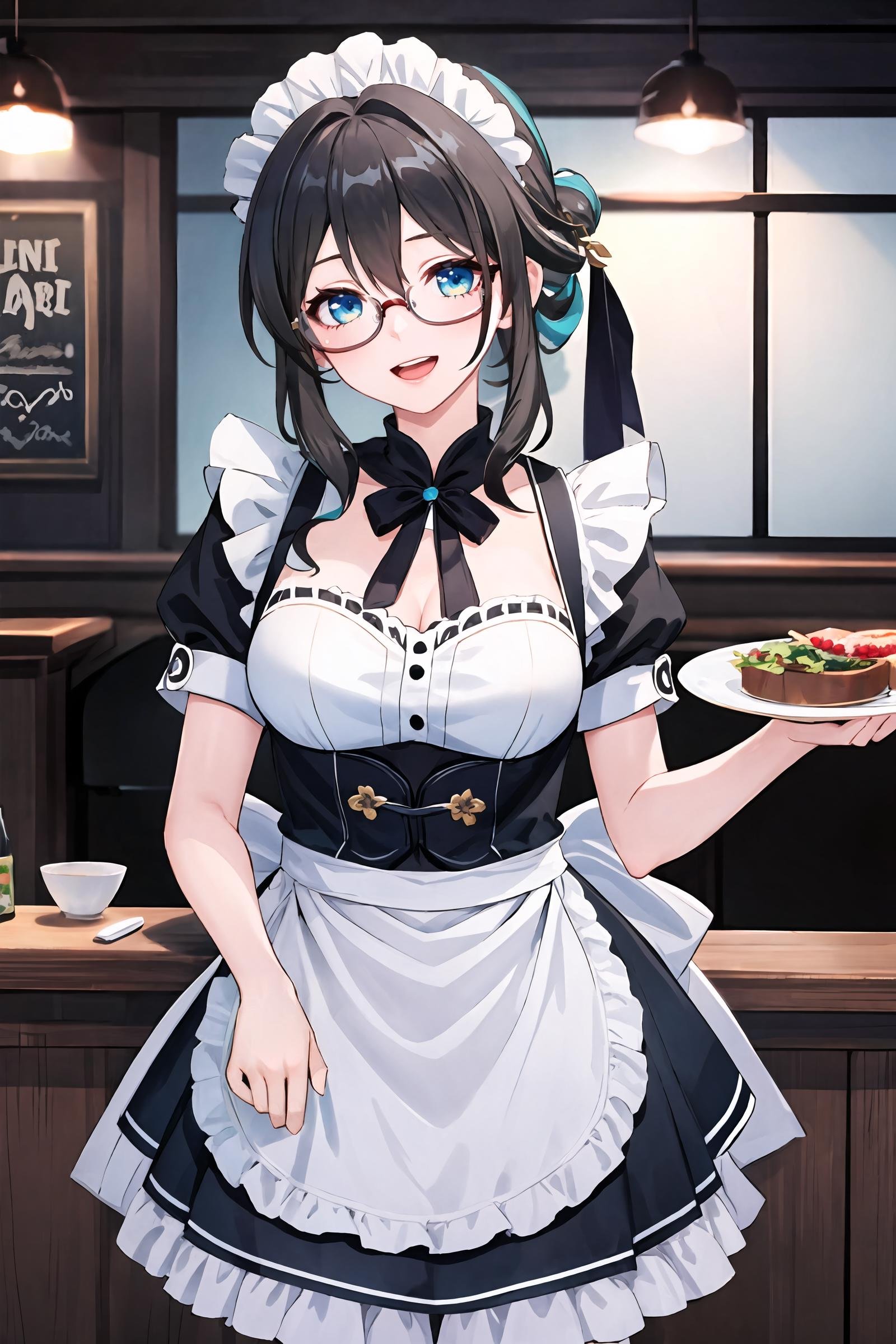 1girl, ruan mei \(honkai: star rail\), glasses, solo, maid, maid headdress, maid apron, pantyhose, open mouth, laughing, holding plate, looking at viewer, cowboy shot, bar \(place\), indoors, depth of field, masterpiece