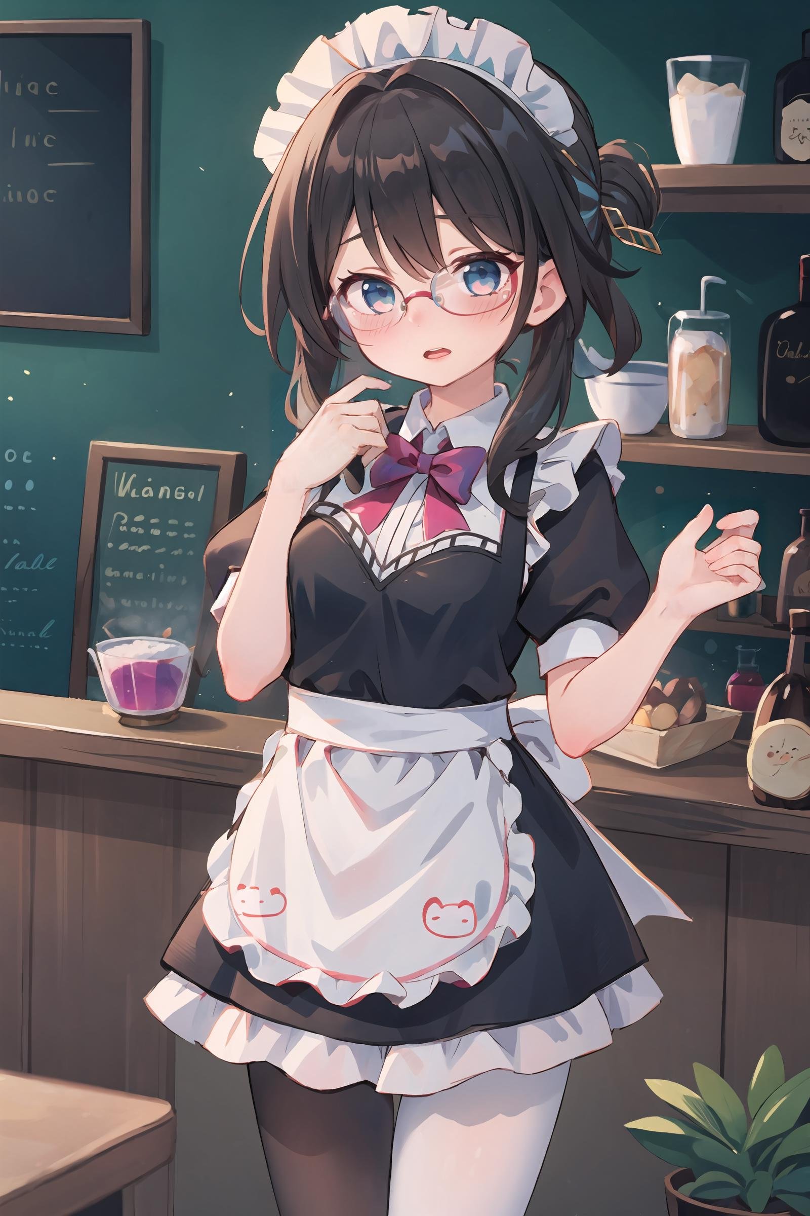 1girl, ruan mei \(honkai: star rail\), glasses, solo, maid, maid headdress, maid apron, embarrassed, pantyhose, open mouth, blush, parted lips, looking at viewer, cowboy shot, bar \(place\), indoors, depth of field, masterpiece