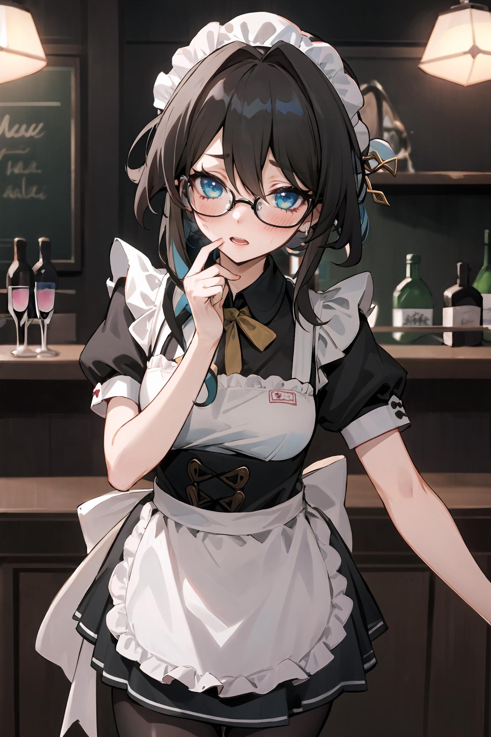 1girl, ruan mei \(honkai: star rail\), glasses, solo, maid, maid headdress, maid apron, embarrassed, pantyhose, open mouth, blush, parted lips, looking at viewer, cowboy shot, bar \(place\), indoors, depth of field, masterpiece