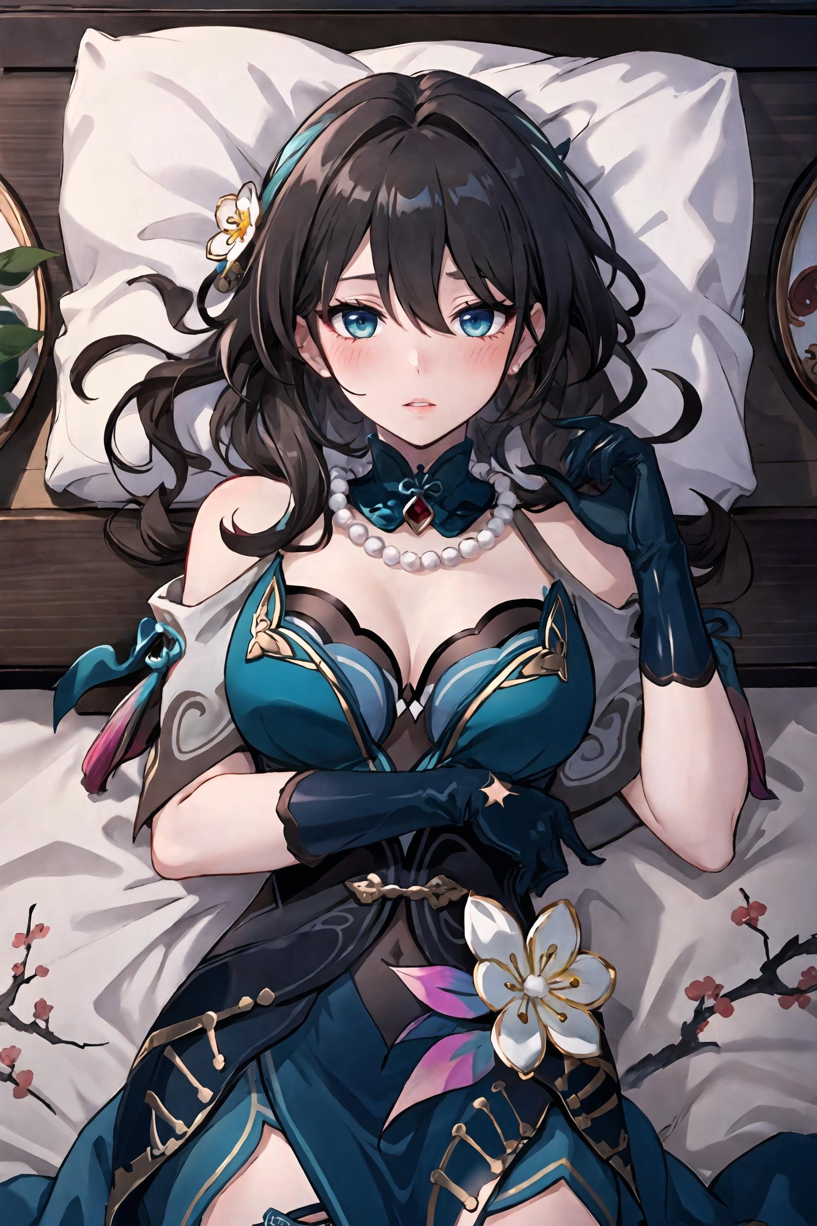 1girl, ruan mei \(honkai: star rail\), solo, china dress, green gloves, hair ornament, detached collar, necklace, thigh strap, carpet, lying, bed sheet, looking at viewer, facing away, blush, parted lips, hands up, masterpiece