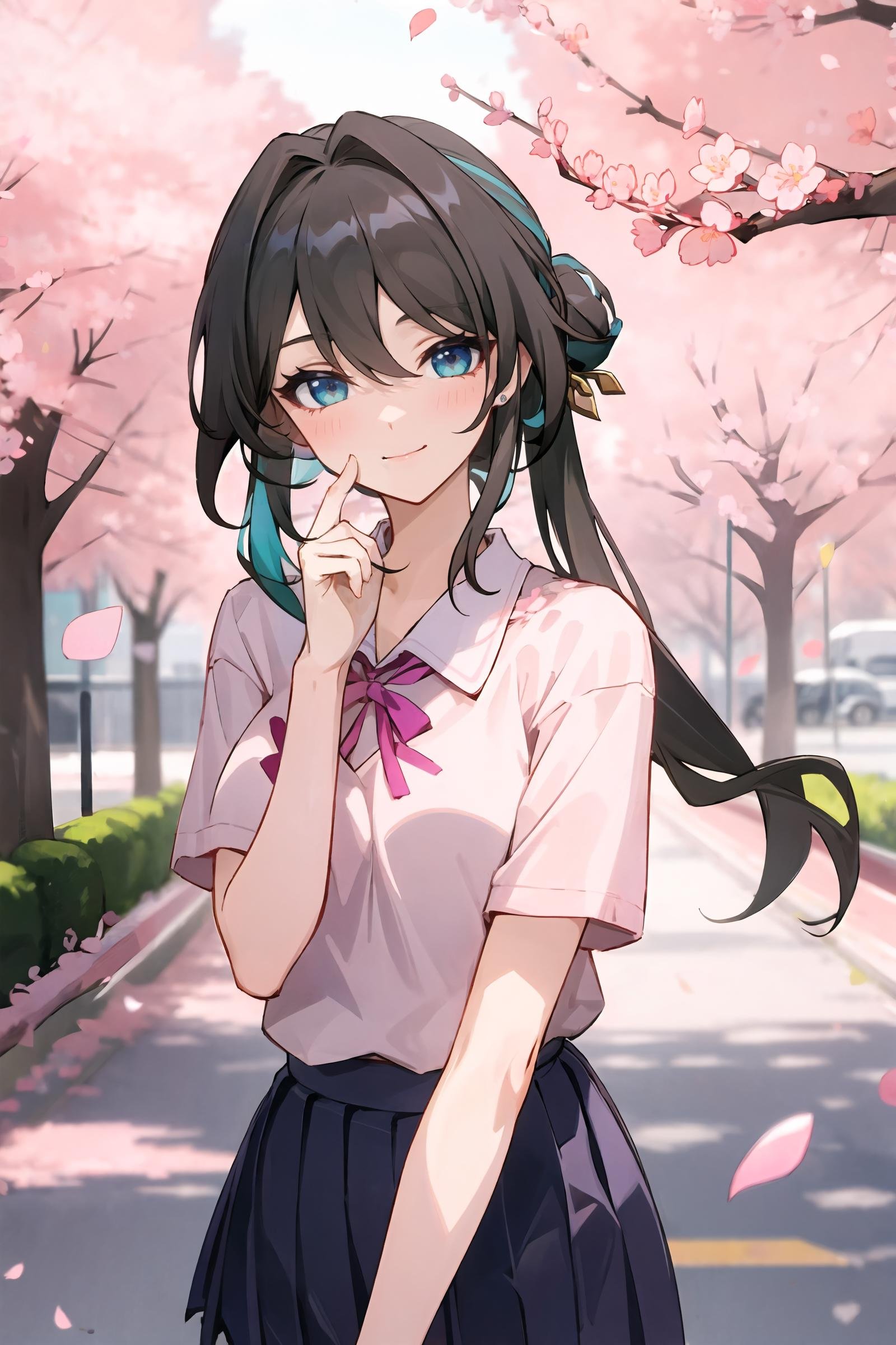 1girl, ruan mei \(honkai: star rail\), solo, school uniform, white shirt, sweater, pleated skirt, pantyhose, light smile, looking at viewer, outdoors, street, cherry blossoms, petals, depth of field, masterpiece