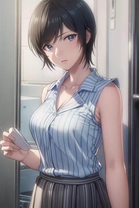 takadakiyomi, <lora:takada kiyomi-lora-nochekaiser:1>,takada kiyomi, short hair, black hair, (black eyes:1.3), lipstick,BREAK shirt, sleeveless, pants, sleeveless shirt, collarbone,BREAK indoors,BREAK looking at viewer, (cowboy shot:1.5),BREAK <lyco:GoodHands-beta2:1>, (masterpiece:1.2), best quality, high resolution, unity 8k wallpaper, (illustration:0.8), (beautiful detailed eyes:1.6), extremely detailed face, perfect lighting, extremely detailed CG, (perfect hands, perfect anatomy),