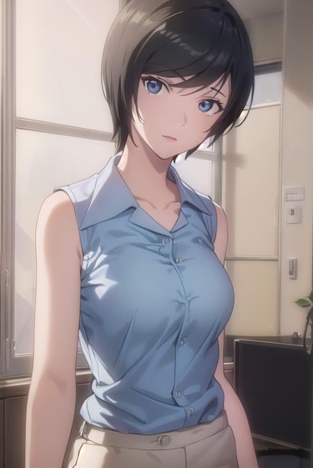 takadakiyomi, <lora:takada kiyomi-lora-nochekaiser:1>,takada kiyomi, short hair, black hair, (black eyes:1.3), lipstick,BREAK shirt, sleeveless, pants, sleeveless shirt, collarbone,BREAK indoors,BREAK looking at viewer, (cowboy shot:1.5),BREAK <lyco:GoodHands-beta2:1>, (masterpiece:1.2), best quality, high resolution, unity 8k wallpaper, (illustration:0.8), (beautiful detailed eyes:1.6), extremely detailed face, perfect lighting, extremely detailed CG, (perfect hands, perfect anatomy),