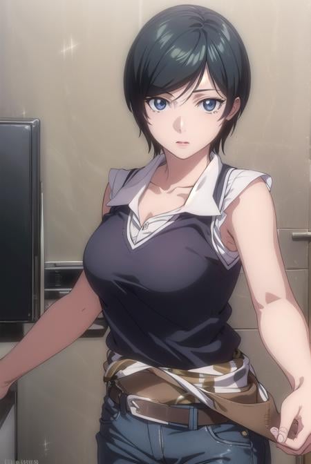 takadakiyomi, <lora:takada kiyomi-lora-nochekaiser:1>,takada kiyomi, short hair, black hair, (black eyes:1.3), lipstick,BREAK shirt, sleeveless, pants, sleeveless shirt, collarbone,BREAK indoors,BREAK looking at viewer, (cowboy shot:1.5),BREAK <lyco:GoodHands-beta2:1>, (masterpiece:1.2), best quality, high resolution, unity 8k wallpaper, (illustration:0.8), (beautiful detailed eyes:1.6), extremely detailed face, perfect lighting, extremely detailed CG, (perfect hands, perfect anatomy),