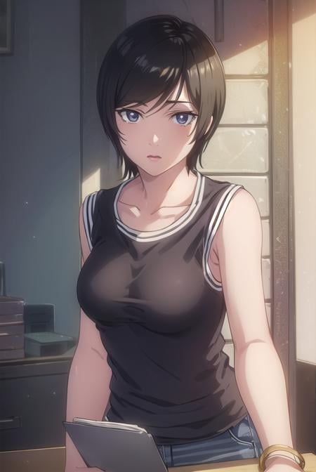 takadakiyomi, <lora:takada kiyomi-lora-nochekaiser:1>,takada kiyomi, short hair, black hair, (black eyes:1.3), lipstick,BREAK shirt, sleeveless, pants, sleeveless shirt, collarbone,BREAK indoors,BREAK looking at viewer, (cowboy shot:1.5),BREAK <lyco:GoodHands-beta2:1>, (masterpiece:1.2), best quality, high resolution, unity 8k wallpaper, (illustration:0.8), (beautiful detailed eyes:1.6), extremely detailed face, perfect lighting, extremely detailed CG, (perfect hands, perfect anatomy),