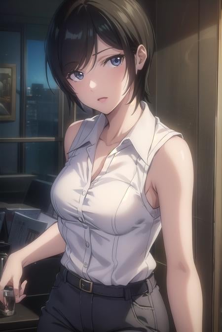 takadakiyomi, <lora:takada kiyomi-lora-nochekaiser:1>,takada kiyomi, short hair, black hair, (black eyes:1.3), lipstick,BREAK shirt, sleeveless, pants, sleeveless shirt, collarbone,BREAK indoors,BREAK looking at viewer, (cowboy shot:1.5),BREAK <lyco:GoodHands-beta2:1>, (masterpiece:1.2), best quality, high resolution, unity 8k wallpaper, (illustration:0.8), (beautiful detailed eyes:1.6), extremely detailed face, perfect lighting, extremely detailed CG, (perfect hands, perfect anatomy),