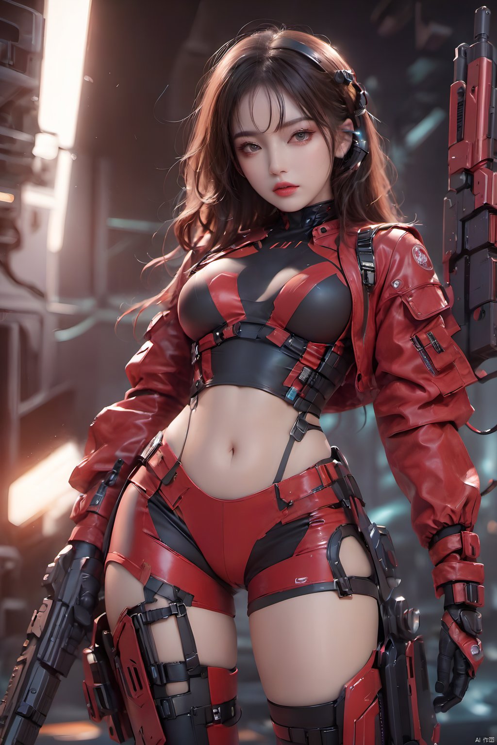 1girl,Future style gel coat,Future Combat Suit,Futuristic Rifle,belt,breasts,gloves,Futuristic Pistol,headphones,holding gun,holding weapon,Red clothing,Futuristic jacket,The glowing machinery behind the back,Dynamic pose,lips,long hair,looking at viewer,medium breasts,nose,parted lips,red lips,solo,thigh holster,thigh strap,Exposed thighs, 1girl