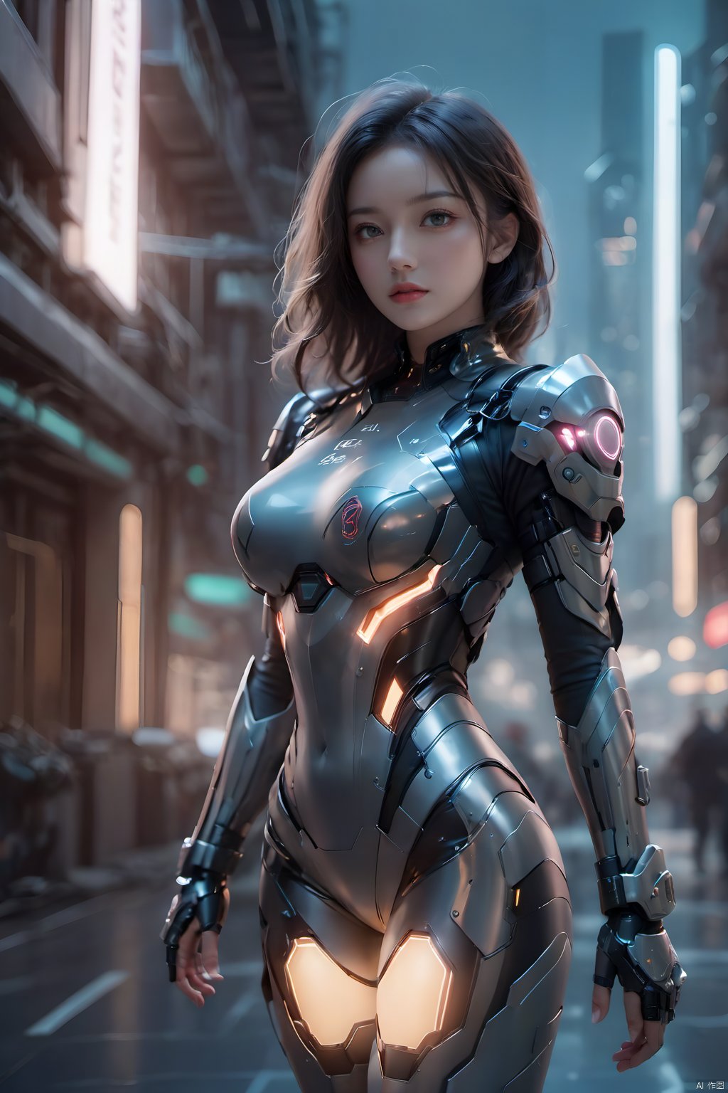 1girl,Future style gel coat,Future Combat Suit,armor,blurry background,bodysuit,breasts,building,Glowing Clothing,Shoulder mecha,Oblique lateral body,Above the knee,Grey gel coat,Upper body,Clothing with multiple light sources,city,cowboy shot,cyberpunk,depth of field,looking at viewer,medium breasts,realistic,science fiction,solo,standing