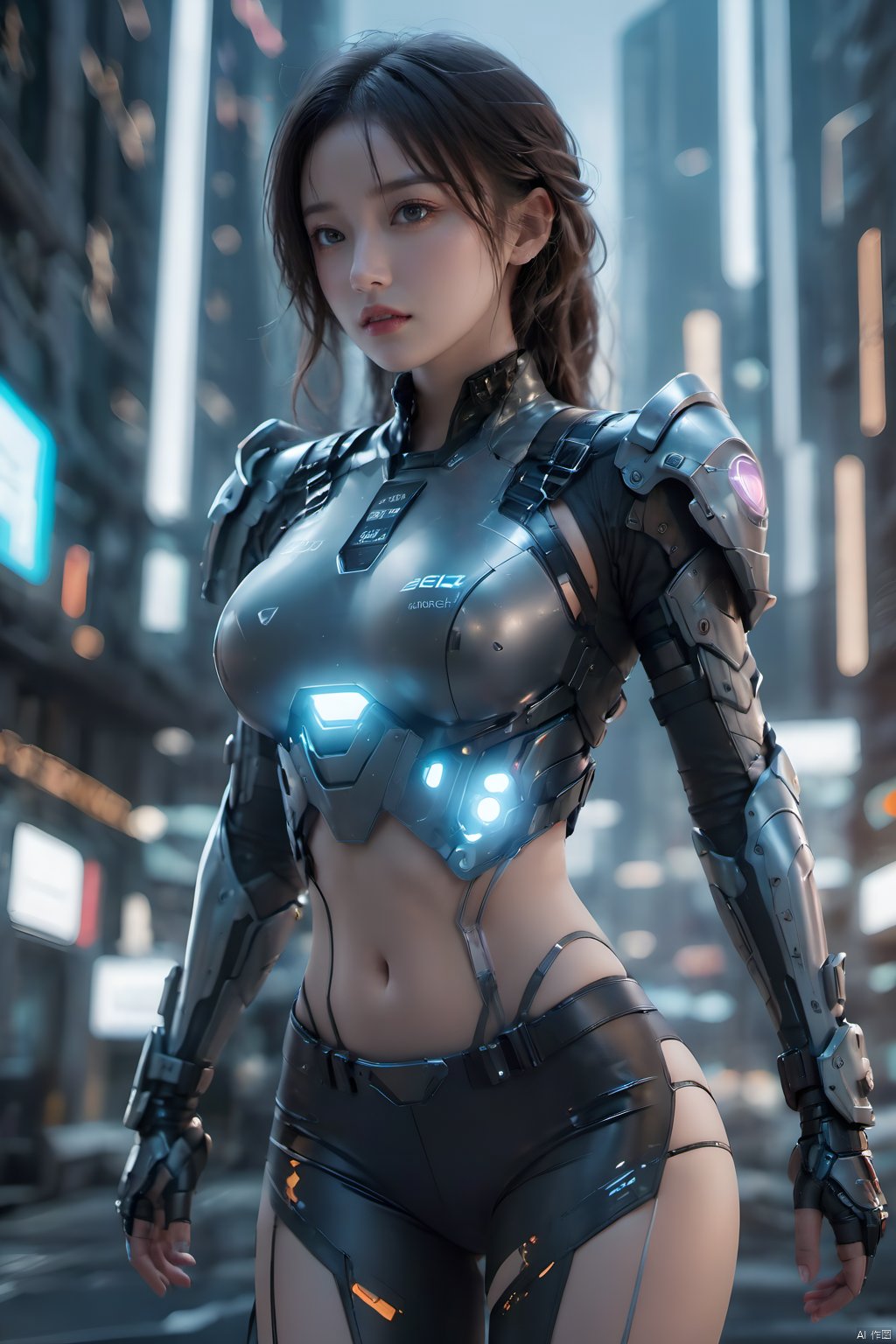 1girl,Future style gel coat,Future Combat Suit,armor,blurry background,bodysuit,breasts,building,Glowing Clothing,Shoulder mecha,Oblique lateral body,Above the knee,Grey gel coat,Upper body,Clothing with multiple light sources,city,cowboy shot,cyberpunk,depth of field,looking at viewer,medium breasts,realistic,science fiction,solo,standing