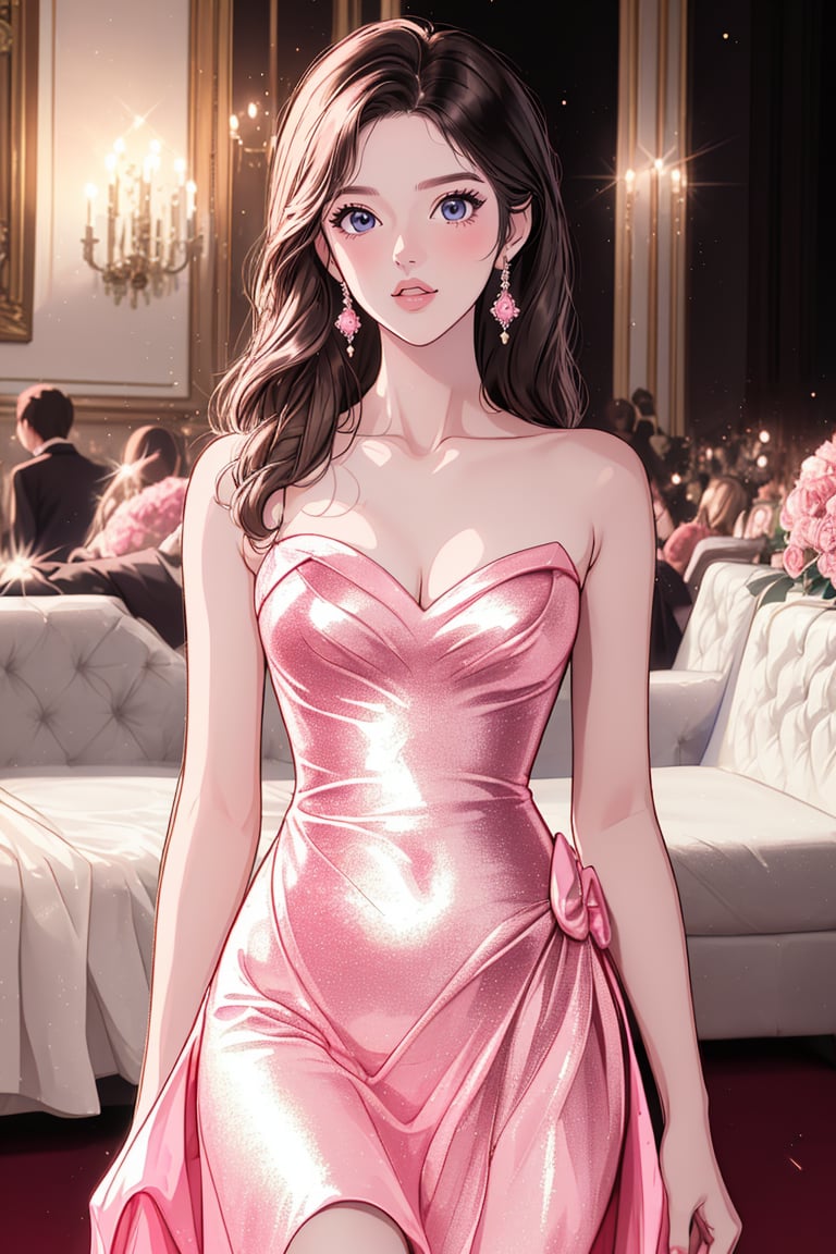 (2D anime), (cute theme), a slim professional female model, shimmering pink prom dress, on the luxury ballroom. (masterpiece:1.2), glow pink