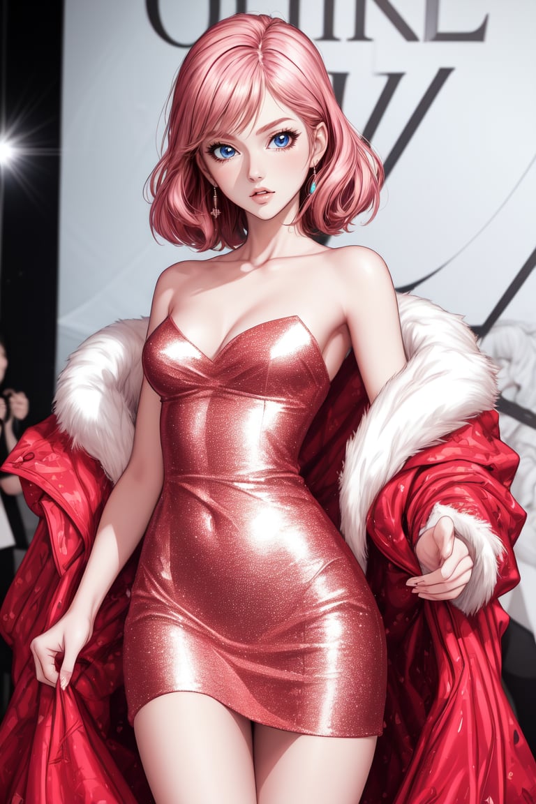 (2D anime), (cute theme), fashion magazine poster, a slim professional female model, shimmering pink dress, on the catwalk of the luxury fashion show. (masterpiece:1.2), glow red