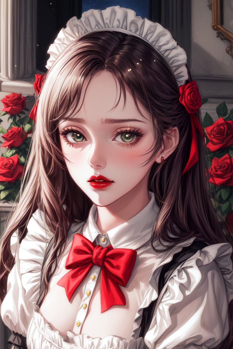 (2D anime), (cute theme), medieval theme, fantasy fiction, dreamy. portrait of a woman, maid dress, red lips, she is sad, bow head down, rose symbolism decoration. (masterpiece:1.2), glow red