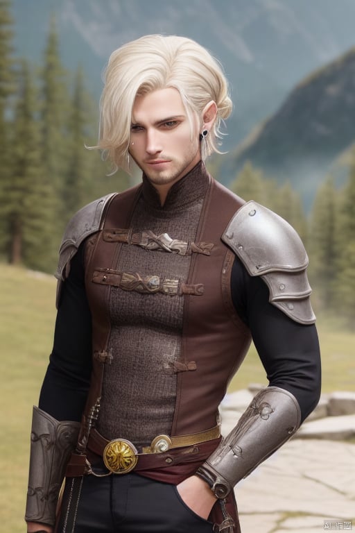 skinny, young, teen on a mountain, platinum blonde hair hazel eyes, male, (masterpiece) , handsome, pointy ears, short hair, undercut, man bun, earings, rogue, vox machina style