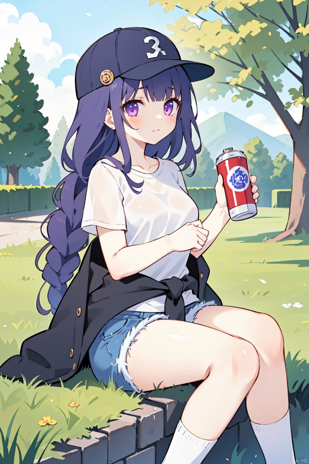 1girl, solo, baseball cap, can, hat, looking at viewer, holding, shorts, raiden shogun, shirt, outdoors, holding can, sitting, blurry, white shirt, blurry background, short sleeves, tree, white socks, knee up, closed mouth, clothes around waist, socks, soda can, from side, blue headwear, jacket