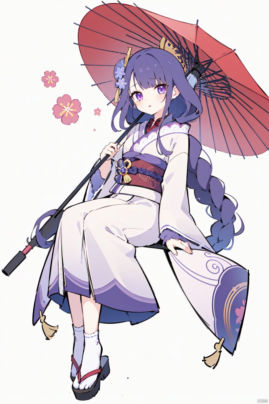 1girl, umbrella, raiden shogun, kimono, solo, japanese clothes, flower, hair ornament, full body, holding umbrella, oil-paper umbrella, holding, looking at viewer, white background, mole under eye, obi, sash, mole, tabi