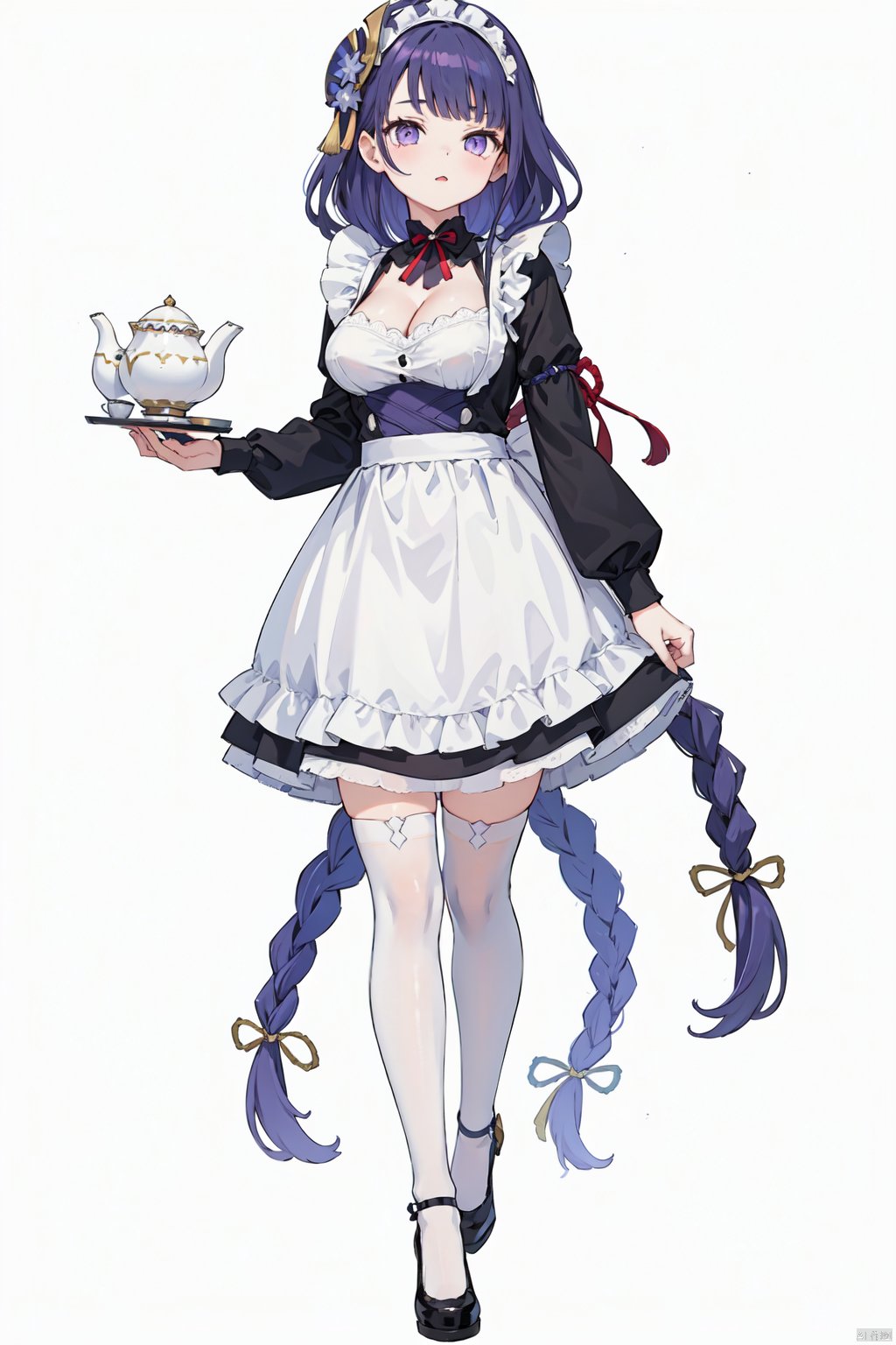  1girl, raiden shogun, teapot, breasts, maid, solo, pouring, maid headdress, clock, apron, full body, large breasts, cleavage, hair ornament, maid apron, long sleeves, teacup, black footwear, enmaided, white background, white thighhighs, holding