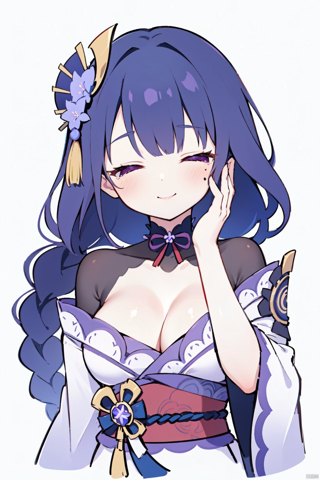  1girl, narukami's law, raiden shogun, wagashi, solo, food, closed eyes, dango, hair ornament, mole, mole under eye, breasts, white background, smile, simple background, cleavage, blush, flower, holding, hand on own face, sanshoku dango, closed mouth