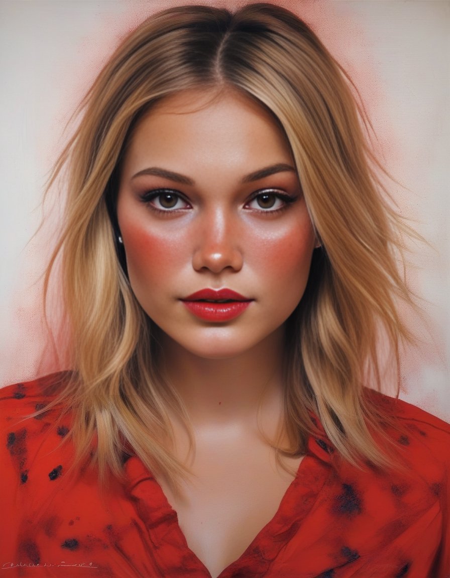 OliviaHolt,<lora:OliviaHoltSDXL:1>,A painting, beautiful woman (freckles),  (((red ominous war))) [in the style of Anna Razumovskaya and Clovis Trouille:0.4]