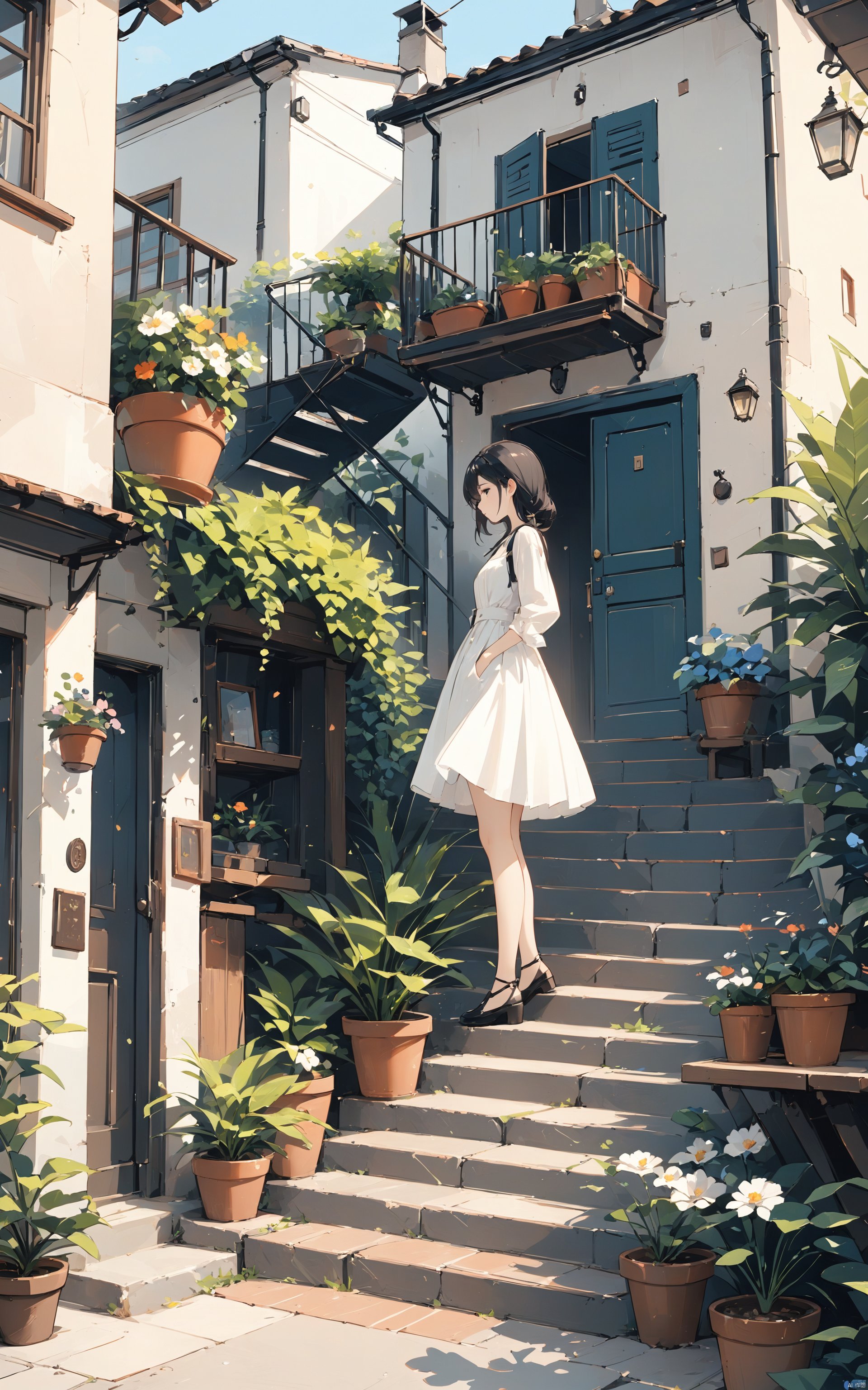  (masterpiece),(best quality) flat-style,1girl, plant, stairs, dress, solo, outdoors, potted plant, black hair, long sleeves, flower, scenery, standing