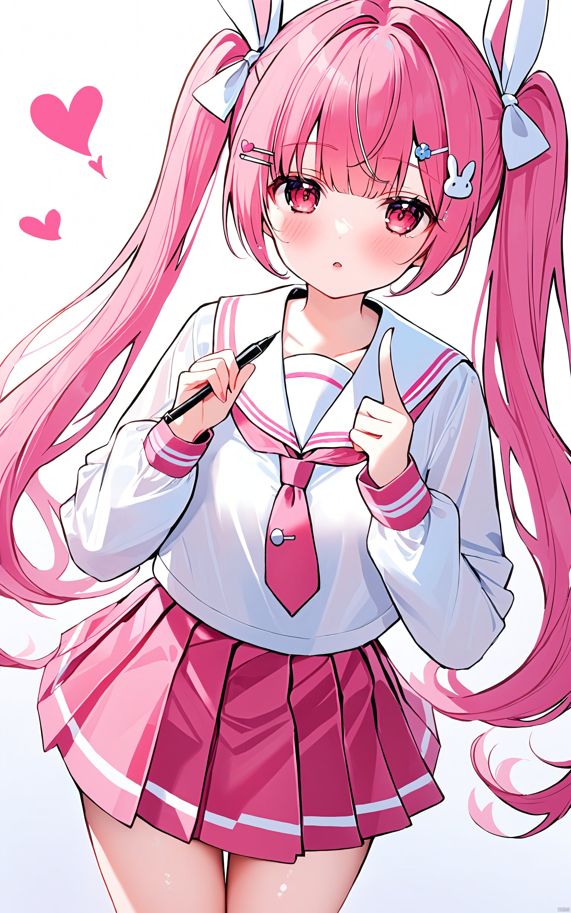  (masterpiece),(best quality)flat pencil, 1girl, solo, twintails, hair ornament, pink hair, sailor collar, rabbit hair ornament, skirt, long sleeves, long hair, shirt, white background, white shirt, white sailor collar, pleated skirt, pink skirt, parted lips, very long hair, v, blush, bow, bangs, looking at viewer, serafuku, hair bow, holding, school uniform, pink sailor collar, white bow, heart, hairclip, simple background, stylus, rabbit, flower, necktie