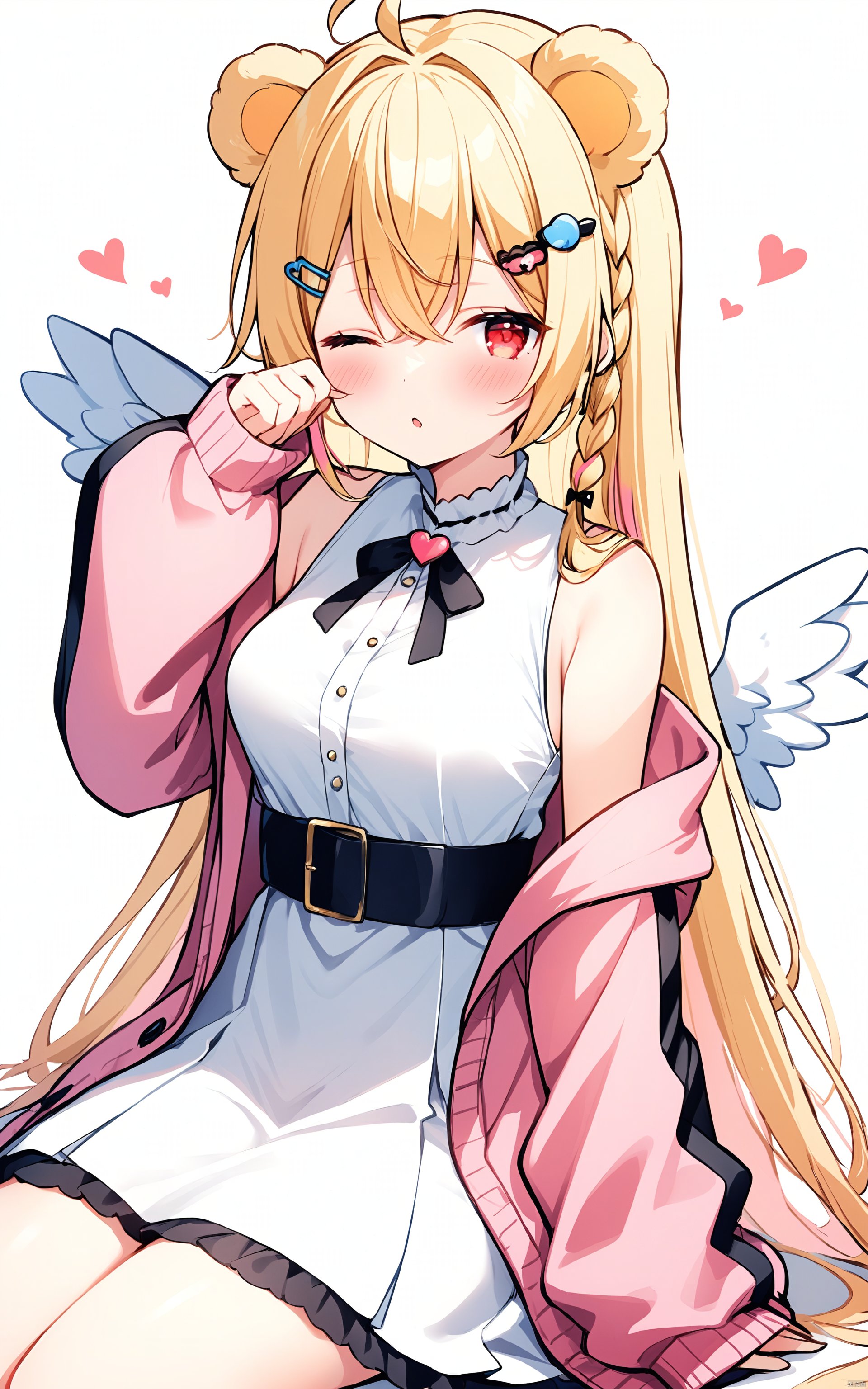  (masterpiece),(best quality) Thin lines, solo, 1girl, white dress, dress, sleeveless dress, jacket, open jacket, animal ears, open clothes, hair ornament, ahoge, sleeveless, very long hair, bangs, heart, blonde hair, long hair, parted lips, braid, one eye closed, breasts, virtual youtuber, long sleeves, hair between eyes, off shoulder, wings, pink jacket, looking at viewer, red eyes, sleeves past wrists, sitting, hairclip, white background, blush, rubbing eyes, medium breasts, puffy long sleeves, multicolored hair, simple background, hand up, puffy sleeves, white wings