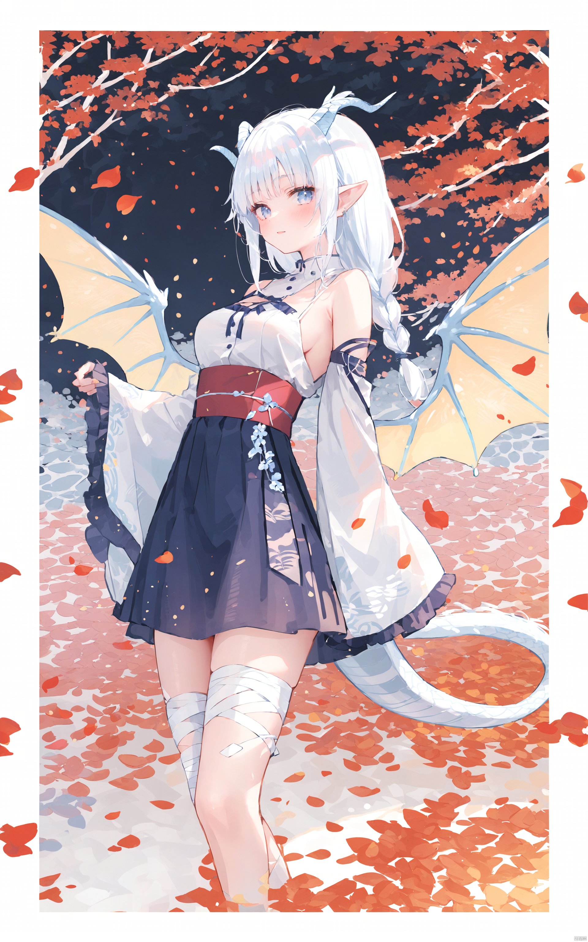  (masterpiece),(best quality)Thin lines, 1girl, dragon girl, dragon tail, solo, horns, dragon horns, breasts, long hair, dragon wings, white hair, blue eyes, detached sleeves, skirt, looking at viewer, tail, braid, pointy ears, bandages, twin braids, wide sleeves, medium breasts, bare shoulders, frills, very long hair, high-waist skirt, petals, long sleeves, sleeves past wrists, bandaged leg, blush, wings, shirt, flower, bangs