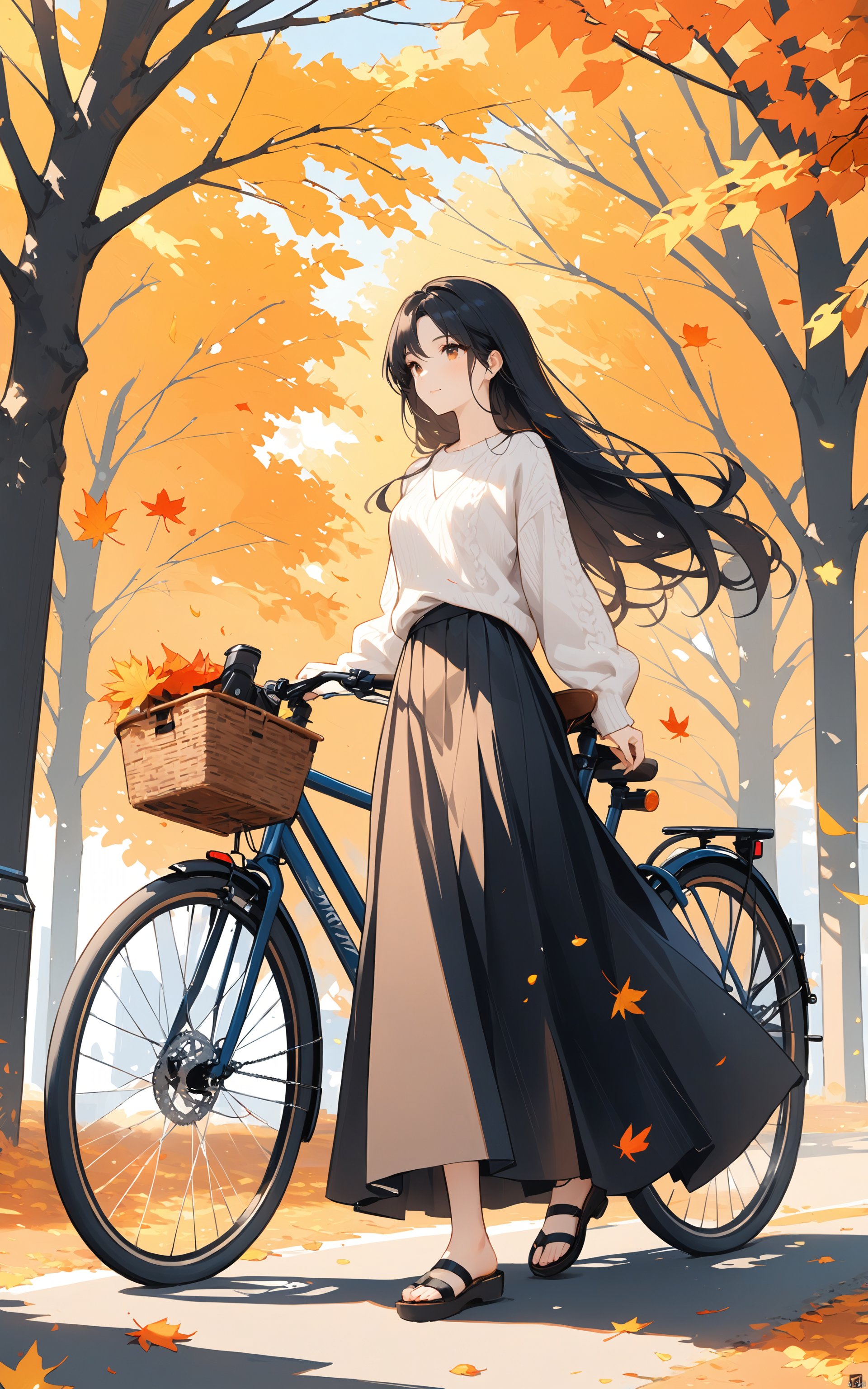  (masterpiece),(best quality) flat-style,1girl, bicycle, solo, black hair, skirt, sandals, long skirt, long hair, signature, autumn, ground vehicle, autumn leaves, sweater