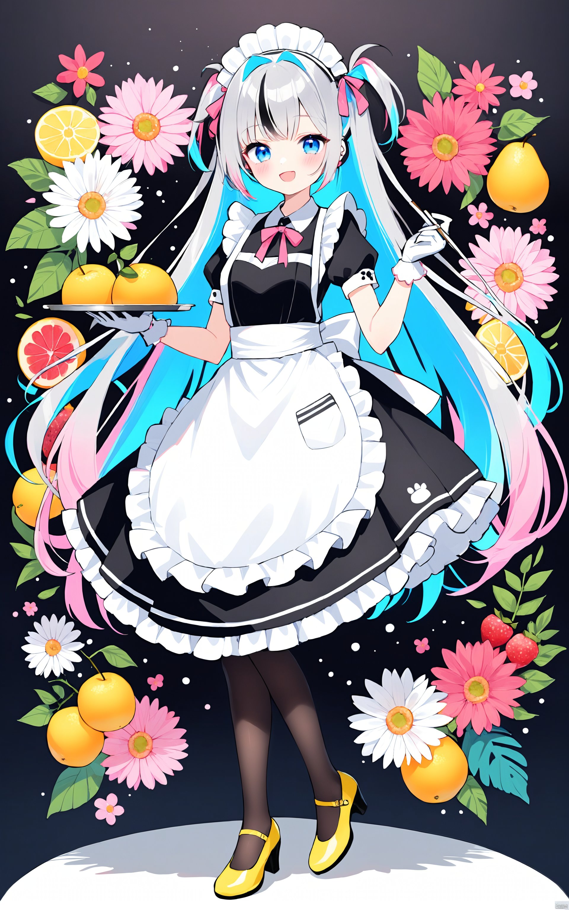  (masterpiece),(best quality)flat pencil, holding tray, tray, smile, multicolored hair, short sleeves, pantyhose, apron, puffy short sleeves, gloves, white gloves, food, puffy sleeves, two-tone hair, virtual youtuber, grey hair, white apron, dress, :d, pink hair, holding, long hair, blue eyes, two side up, very long hair, solo, full body, maid headdress, bangs, floral background, flower, 1girl, black dress, shoes, high heels, fruit, pink flower, breasts, blush, black pantyhose, hair ornament, small breasts, polka dot, looking at viewer, frills, yellow footwear, frilled apron, blue hair