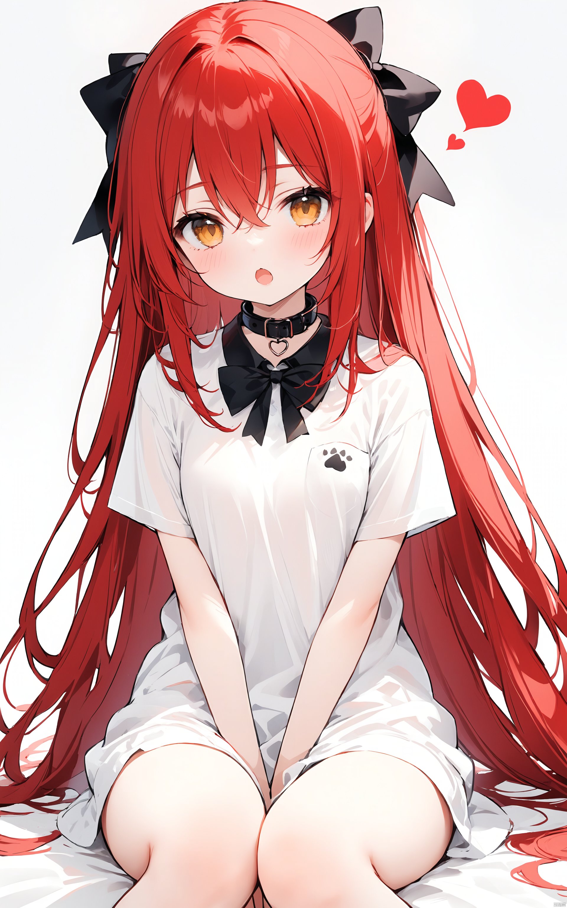  (masterpiece),(best quality) 1girl, long hair, shirt, solo, red hair, bow, hair bow, looking at viewer, cat, collar, white shirt, sitting, between legs, white background, open mouth, simple background, black collar, bangs, very long hair, hand between legs, blush, hair between eyes, heart, short sleeves, white cat