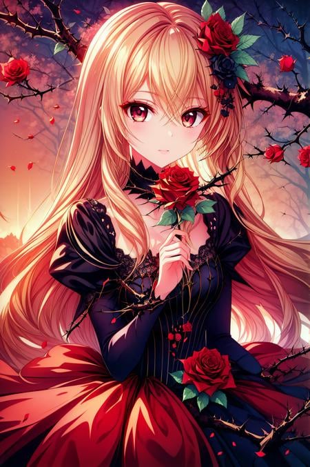 (masterpiece, best quality), <lora:mashiro shiina-lora-Faxtron:0.4> mashiro shiina, caramel-colored eyes, blonde hair, long hair, hair between eyes, long eyelashes, <lora:edgThornDress:0.8> edgThorn,  thorns and roses, wearing edgThorn_dress, <lora:add_detail:0.8>,      