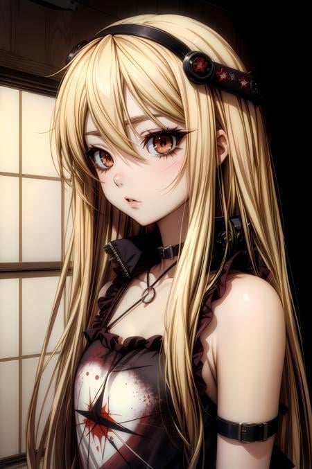 (masterpiece, best quality), <lora:mashiro shiina-lora-Faxtron:0.44> mashiro shiina, caramel-colored eyes, blonde hair, long hair, hair between eyes, long eyelashes,<lora:edgGrungeFreestyle:0.8> edgGrunge, wearing edgGrunge fashion, <lora:add_detail:0.8>,  