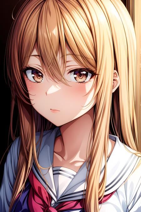 (masterpiece, best quality), <lora:mashiro shiina-lora-Faxtron:0.44> mashiro shiina, caramel-colored eyes, blonde hair, long hair, hair between eyes, long eyelashes, school uniform, <lora:add_detail:0.8>,   