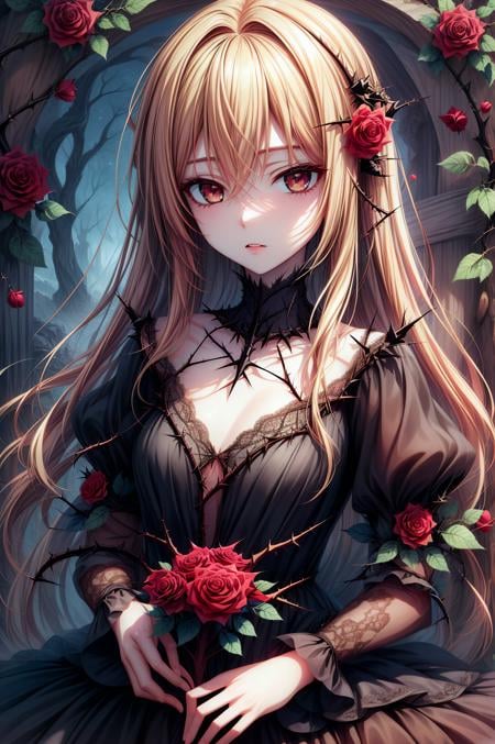 (masterpiece, best quality), <lora:mashiro shiina-lora-Faxtron:0.4> mashiro shiina, caramel-colored eyes, blonde hair, long hair, hair between eyes, long eyelashes, <lora:edgThornDress:0.8> edgThorn,  thorns and roses, wearing edgThorn_dress, <lora:add_detail:0.8>,      