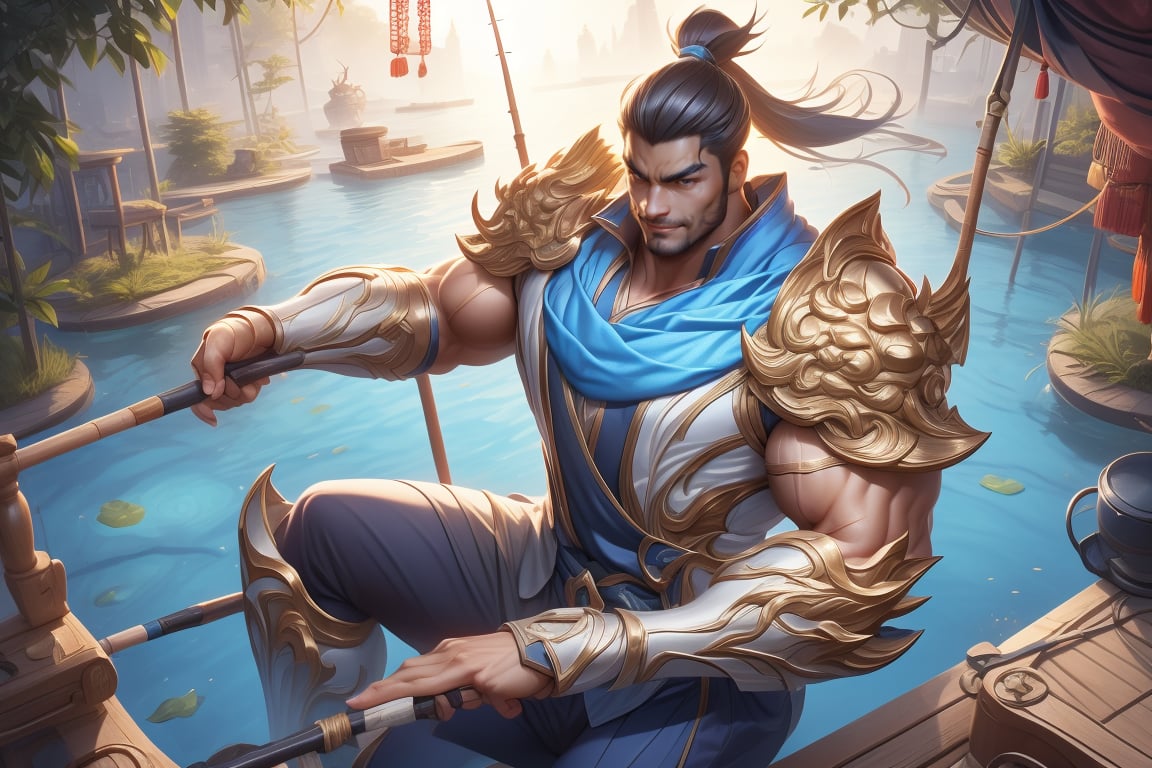 Yasuo, in the cozy chinese lake, fishing, sitting, ponytail, shoulder plate, armor, blue scarf, confident smile, muscular, 6 packs, strong man