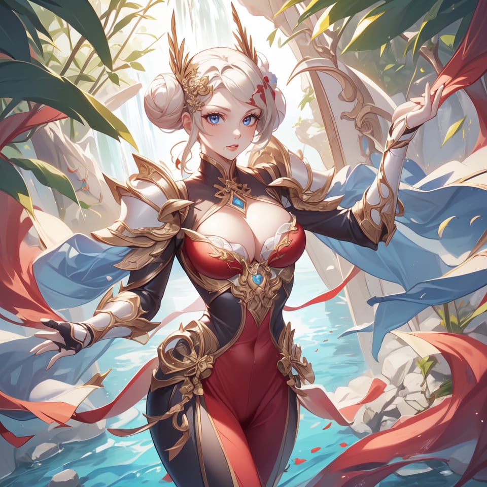 female, young and beautiful, (masterpiece), (ultra detail), (intricate aromor). Irelia, armor, (red silk costume), long ribbons, royal, doing shaolin pose on the tip of the huge rock, water fall background. (hair bun), (hair ornament),