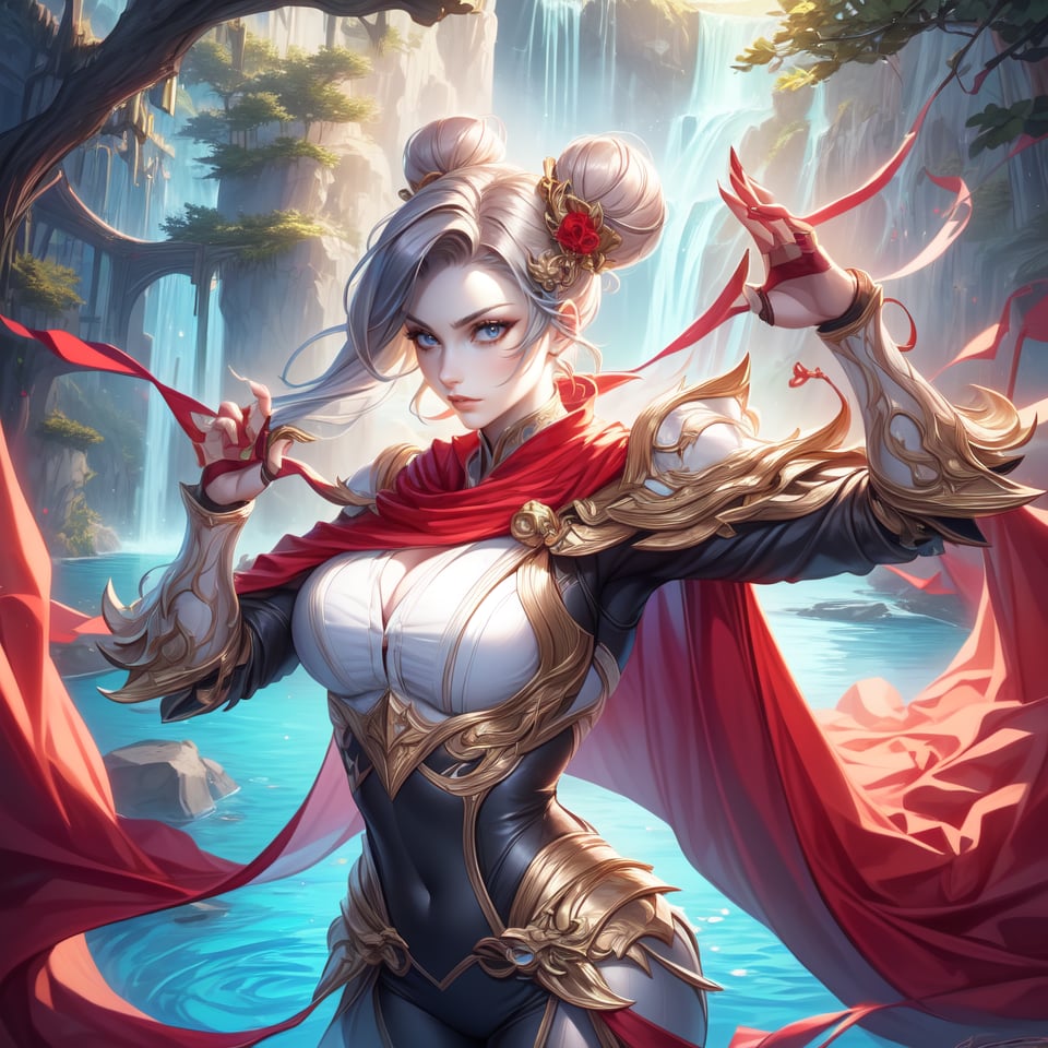 female, young and beautiful, (masterpiece), (ultra detail), (intricate aromor). Irelia, armor, (red cape), long ribbons, royal, doing shaolin pose on the tip of the huge rock, water fall background. (hair bun), (hair ornament),