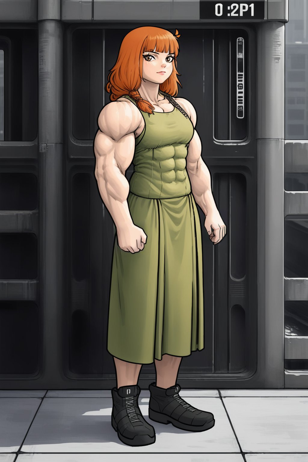 a very muscular girl wearing a boho dress,  full body portrait,  urban dystopia,  fantasy,  highly detailed,  8k,<lora:EMS-300914-EMS:1.000000>