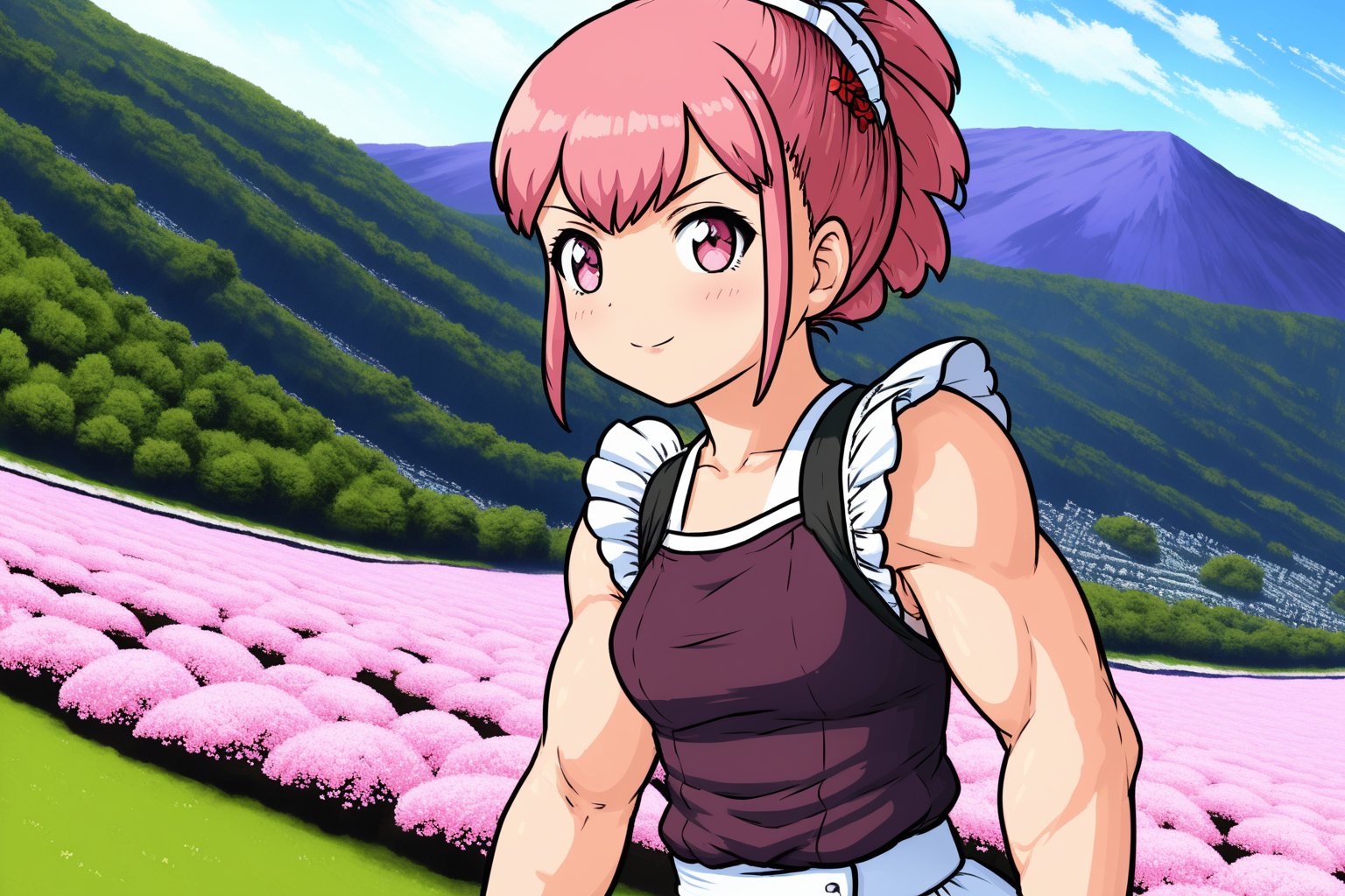 a muscular girl wearing combat japanese maid uniform standing near man,  sakura cherry blossom field,  battlefield inside anime mountain,  anime,  fantasy,  fine face,  fine details,  8k,<lora:EMS-300914-EMS:1.000000>