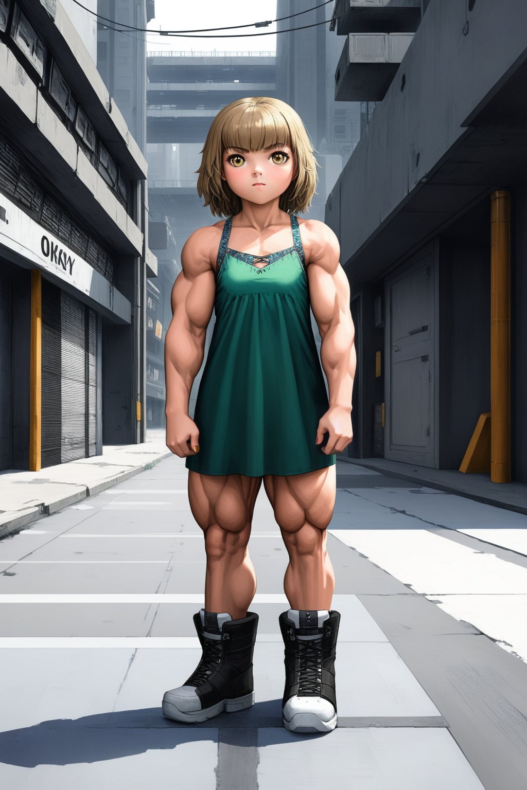 a 13 year old very muscular girl wearing a boho dress,  full body portrait,  urban dystopia,  fantasy,  highly detailed,  8k,<lora:EMS-300914-EMS:1.000000>