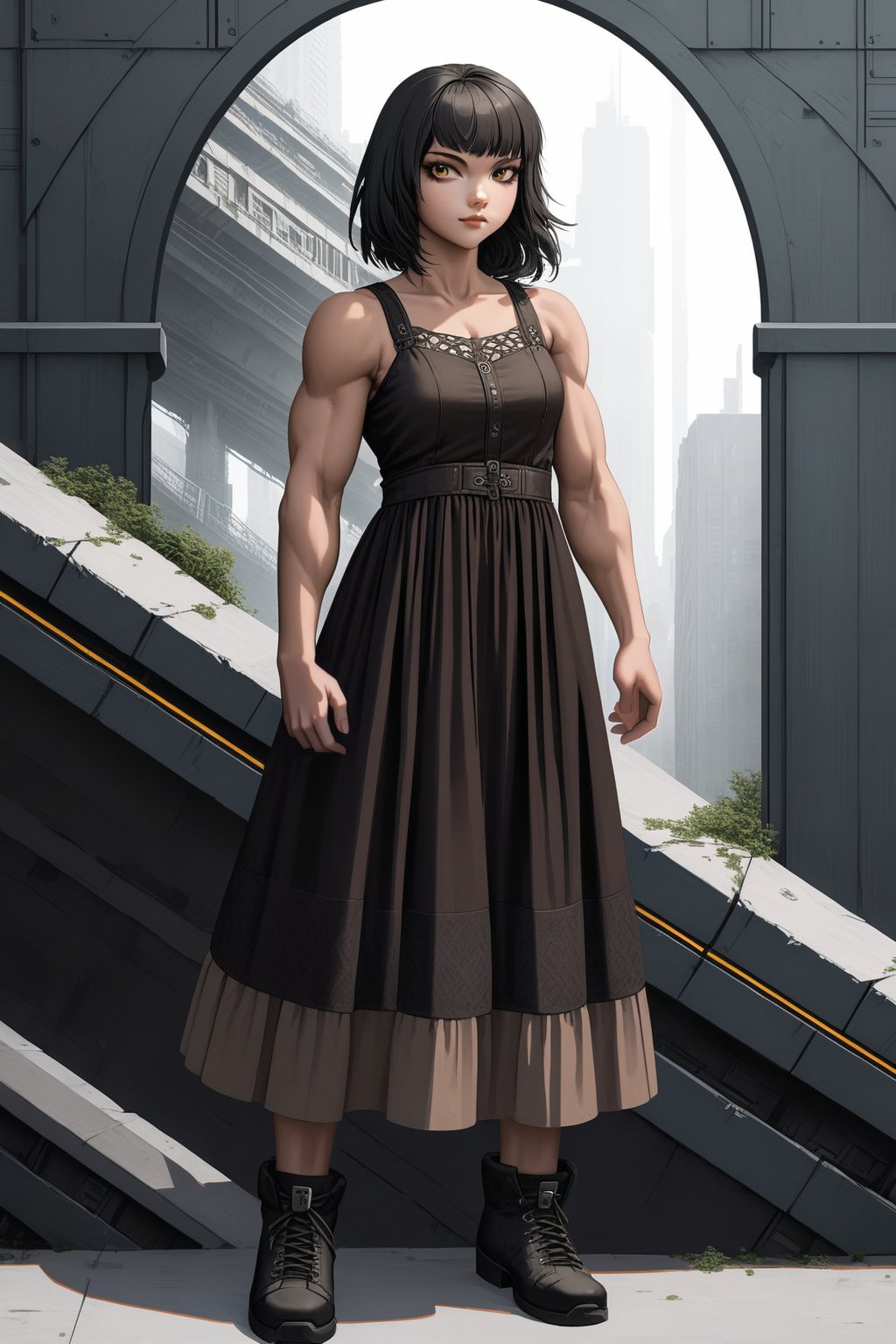 a muscular girl wearing a boho dress,  full body portrait,  urban dystopia,  fantasy,  intricate,  elegant,  8k,<lora:EMS-300914-EMS:1.000000>