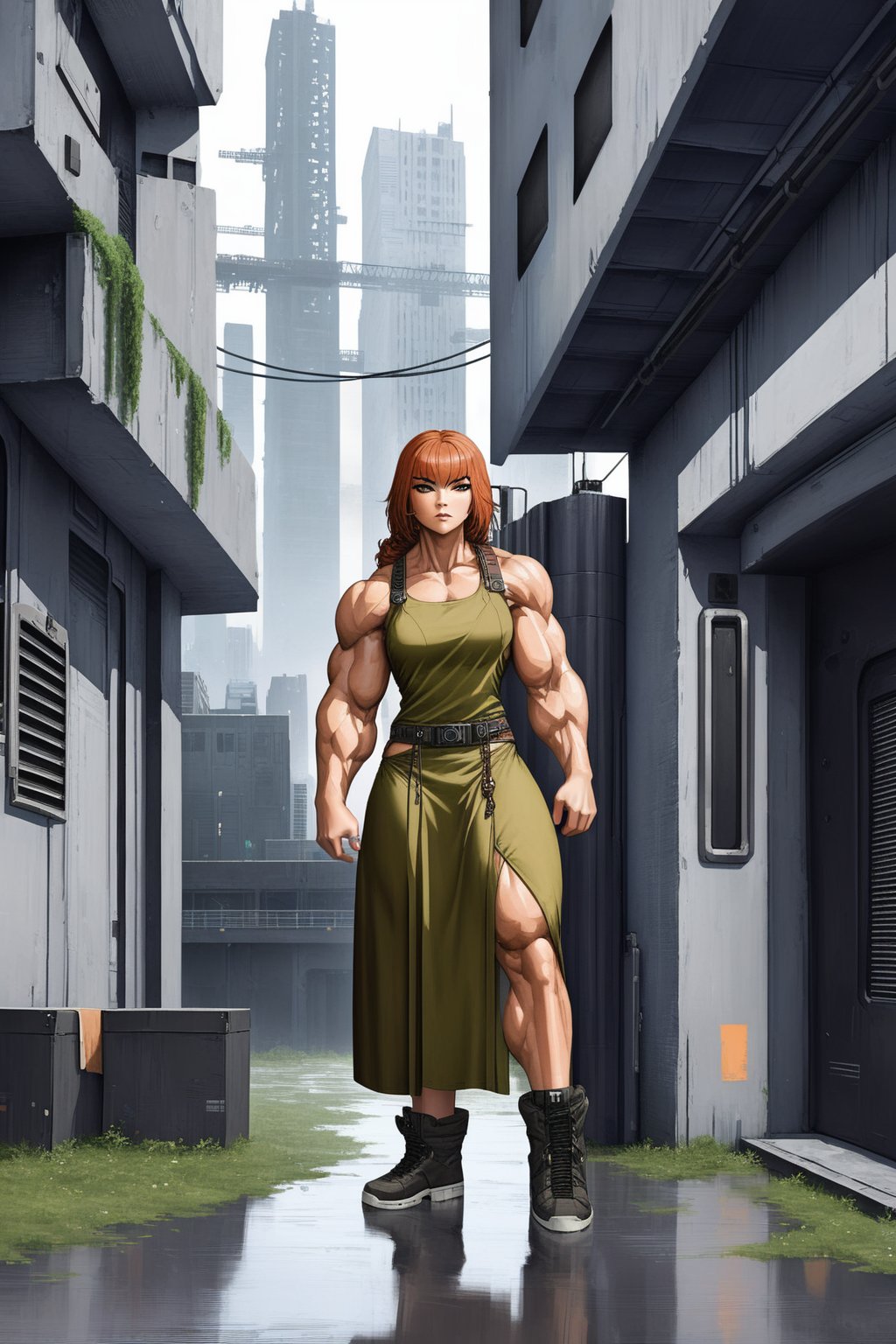 a very muscular girl wearing a boho dress,  full body portrait,  urban dystopia,  fantasy,  highly detailed,  8k,<lora:EMS-300914-EMS:1.000000>