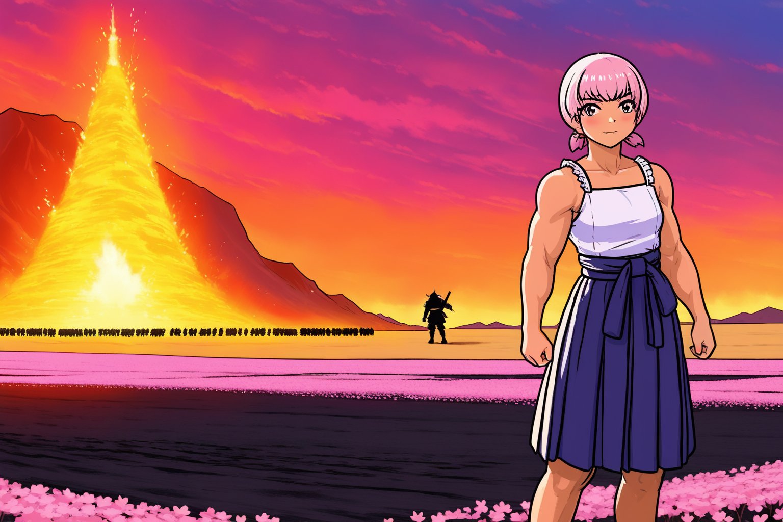 a muscular girl wearing combat japanese maid uniform standing near burning man,  sakura cherry blossom field with samurai manate,  sakura cherry blossom swan hakama or millipede,  battlefield inside anime mountain,  anime fantasy,  fine face,  fine details,  8k,<lora:EMS-300914-EMS:1.000000>