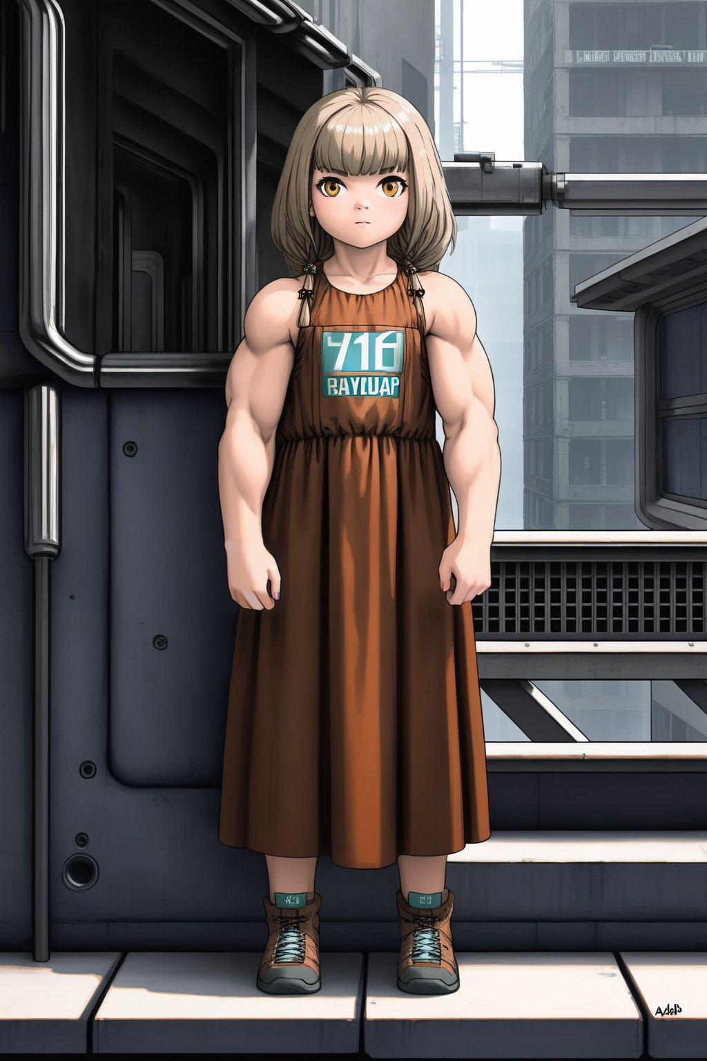 a 13 year old very muscular girl wearing a boho dress,  full body portrait,  urban dystopia,  fantasy,  highly detailed,  8k,<lora:EMS-300914-EMS:1.000000>