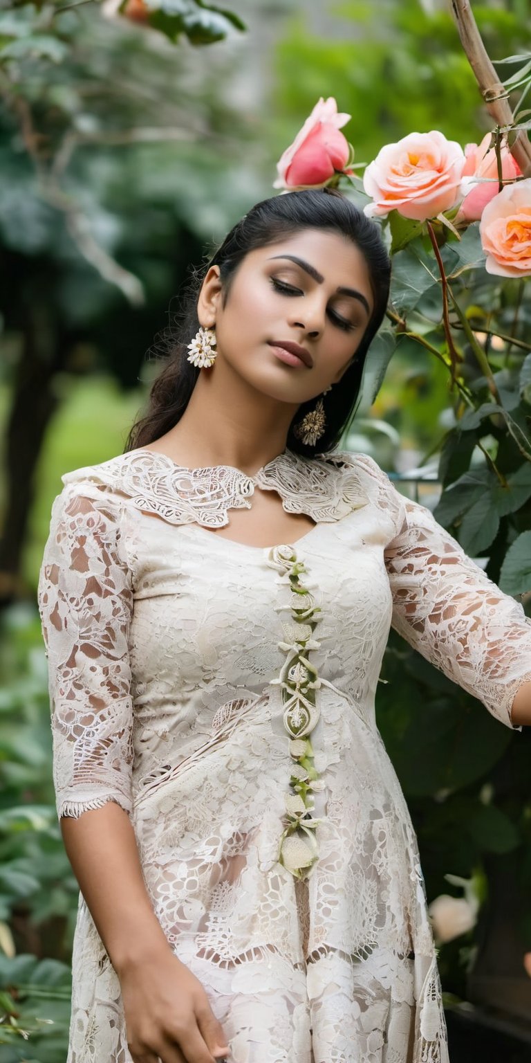 Medium shot of a girl wear lace dress in the garden of rose,Indian Aunty