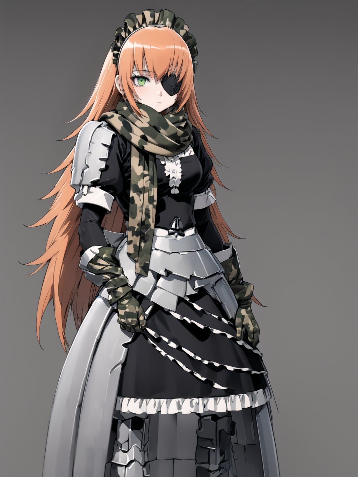 //Quality,
masterpiece, best quality, detailed
,//Character,
solo,
,//Fashion,
,//Background,
simple_background
,//Others,
,cz2128_delta \(overlord\), 1girl, long hair, green eyes, orange hair, eyepatch, maid, maid headdress, camouflage, green scarf, gloves, dress, boots, armor, gun